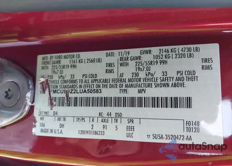 2020 Ford Escape Titanium Hybrid from USA, damaged, VIN 1FMCU9DZ2LUA50583